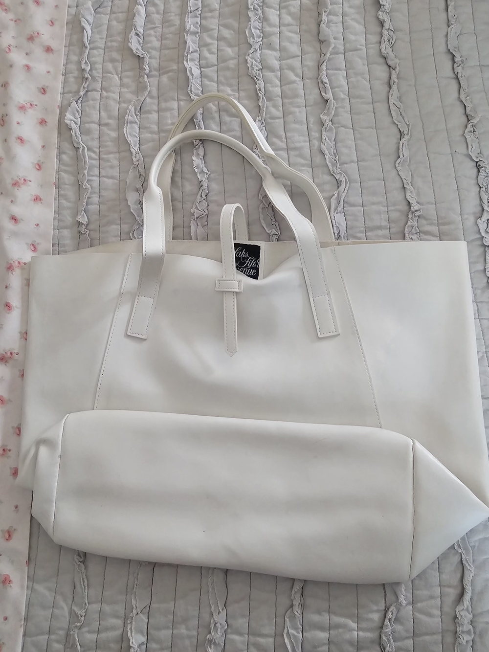 Saks Fifth Avenue White Leather Tote with Top Handles